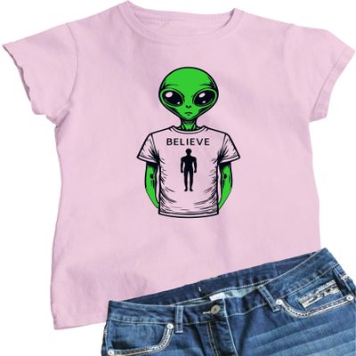 XX-Large Pink Women Alien Wearing Believe in Humans Tee Funny UFO T-Shirt