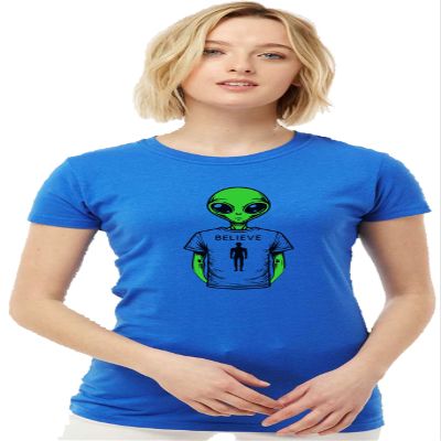 X-Large Royal Women Alien Wearing Believe in Humans Tee Funny UFO Deluxe Soft T-Shirt