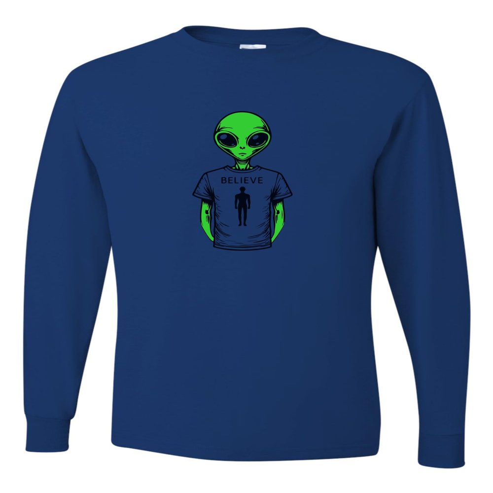 3X-Large Royal Mens Alien Wearing Believe in Humans Tee Funny UFO Long Sleeve T-Shirt