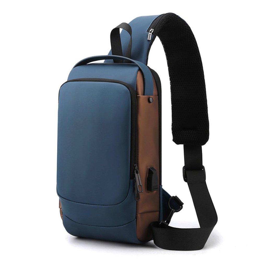 LICAOLET Chest PocketMen's Backpack Rechargeable Backpack Waterproof Crossbody Chest Bag, Dark Blue and Gold