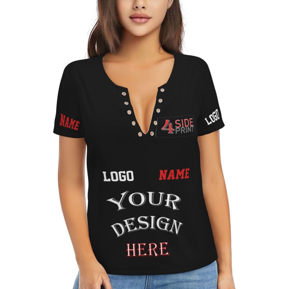 NineFit Basics Custom t Shirts Bulk Women Customized t Shirts with Logo Text Picture Personalized t Shirts Printing Front/Back V-Neck Short Sleeve Black Medium