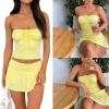 FGDTREE Womens 2Pcs Strapless String Ruched Tube Top and Pleated Ruffle Skirt Set Solid Color Bodycon Outfit Strap view 2