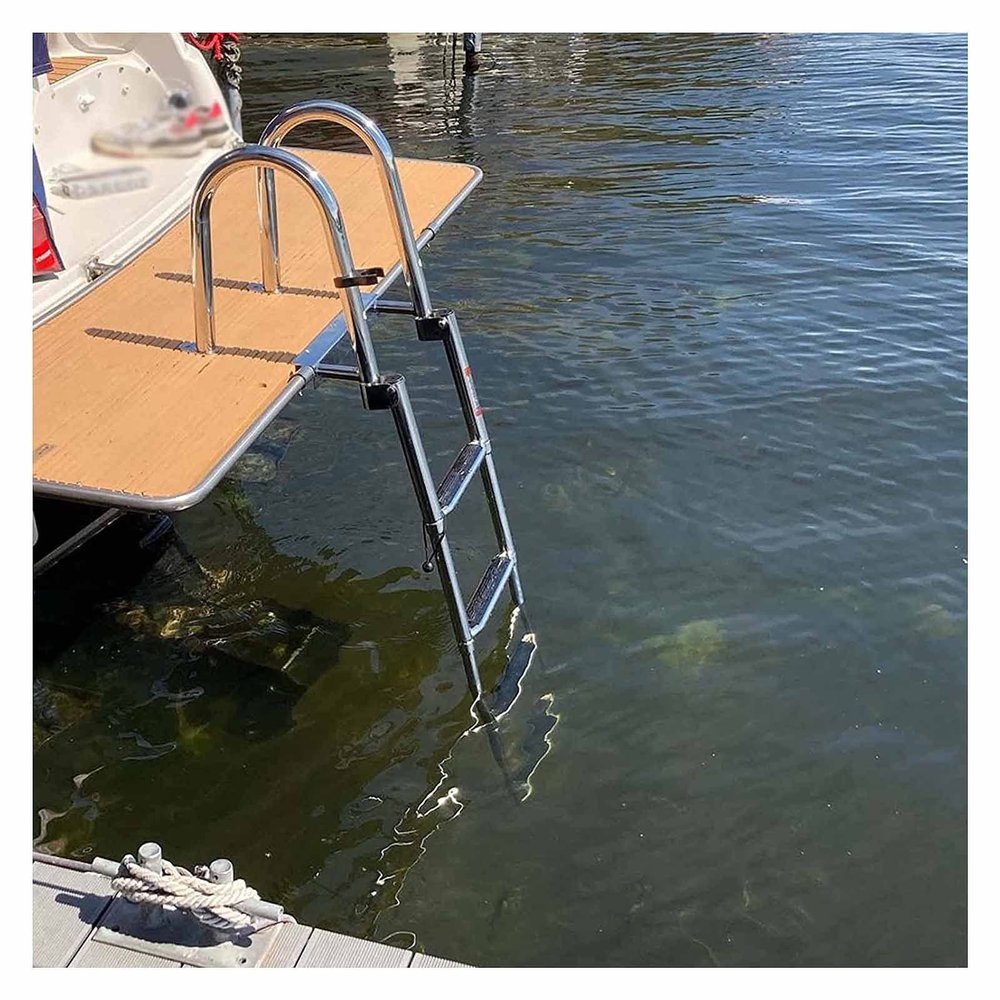 4 Step Folding Stainless Upper Platform Pontoon Ladder, Telescoping Rear Entry Boat Ladder with Inboard Handrail, for Dock/Swim Pool/Marine