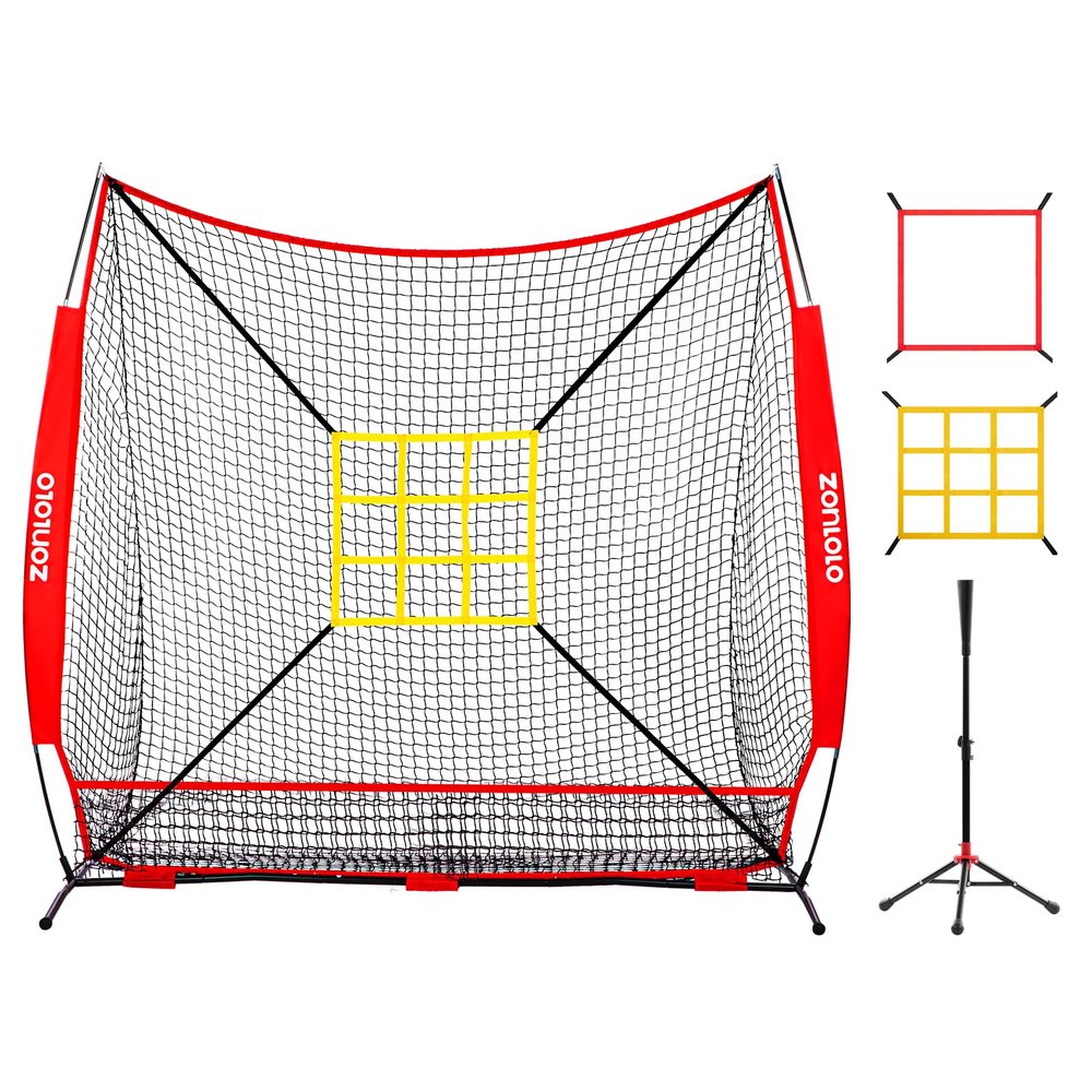 7x7 ft Baseball Net, Pitching & Batting Net with Batting Tee, Designed with Large Ball Collection System, 2 Strike Zones, Carry Bag, Baseball Softball Net for Batting Pitching Hitting and Throwing