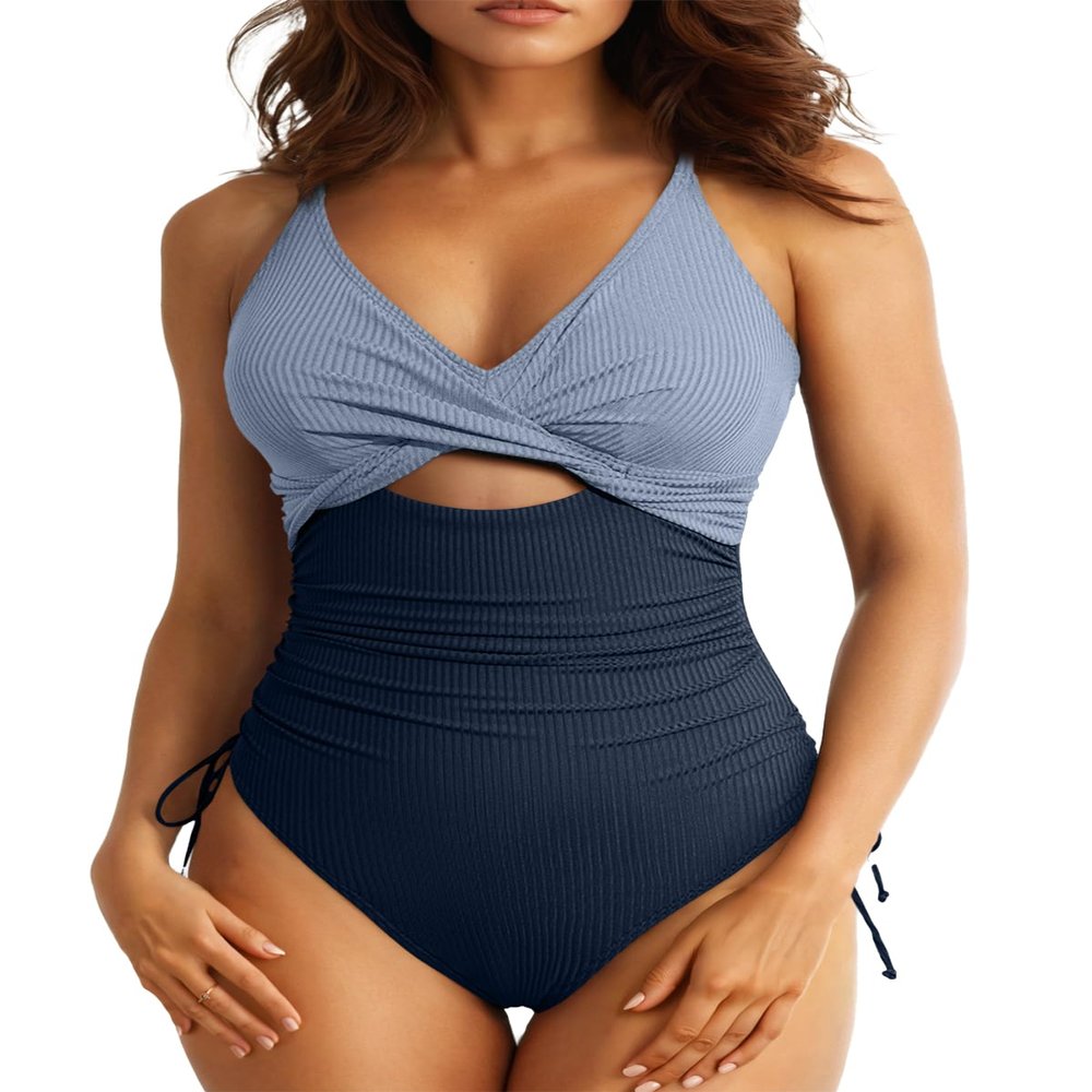 Aleumdr Women's Cutout One Piece Swimsuit Tummy Control Bathing Suit Twist Front High Cut Swimwear Color Block Blue Large