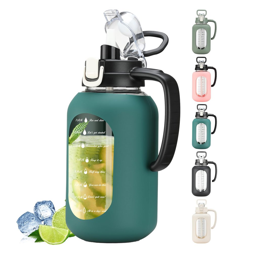 64 oz Glass Water Bottle with Handle and Straw Large 2L Water Bottle with Time Markers and Silicone Sleeve Half Gallon Water Jug BPA Free for Gym Daily Use
