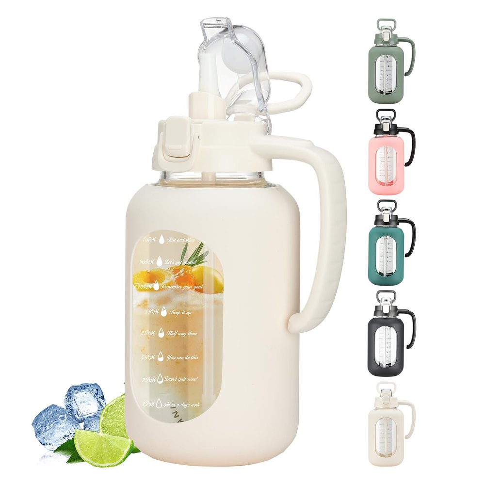 64 oz Glass Water Bottle with Handle and Straw Large 2L Water Bottle with Time Markers and Silicone Sleeve Half Gallon Water Jug BPA Free for Gym Daily Use