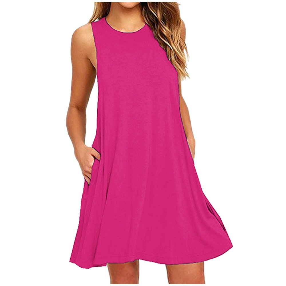 2024 Women's Summer Dresses 2024 Trendy Beach Casual Sleeveless T-Shirt Lace Tank Dress Loose Fit Shirt Sundress w Pocket