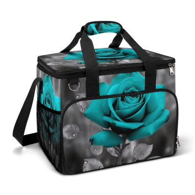 Cooler Bag Insulated Lunch Bag with Side Pocket Teal Grey Rose Large Grocery Bag Reusable Lunch Box for Camping Beach