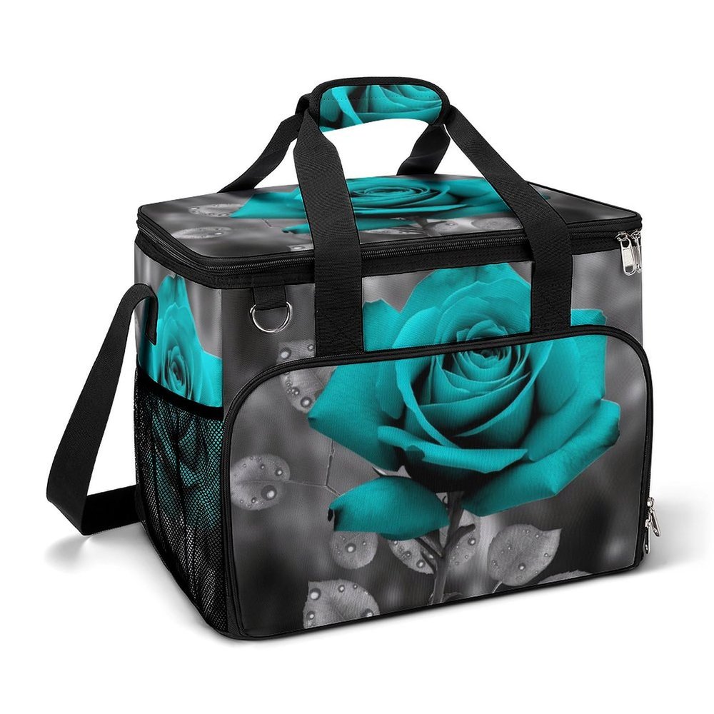 Cooler Bag Insulated Lunch Bag with Side Pocket Teal Grey Rose Large Grocery Bag Reusable Lunch Box for Camping Beach