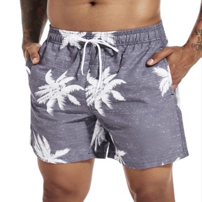 SILKWORLD Mens Swim Trunks Quick Dry Bathing Suit Shorts with Mesh Lining, Palm Leaf(Grey), 3X-Large