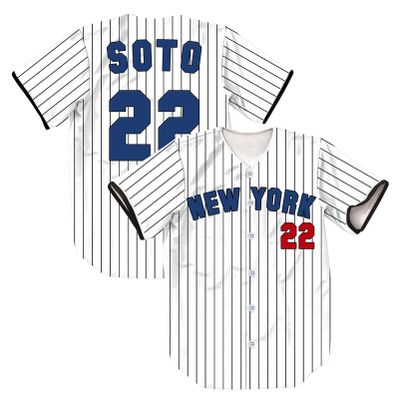 TIFIYA New York SOTO 22 Stripes Baseball Jersey NY Short Sleeve Button Shirts for Young Men Women T261-White-XXL
