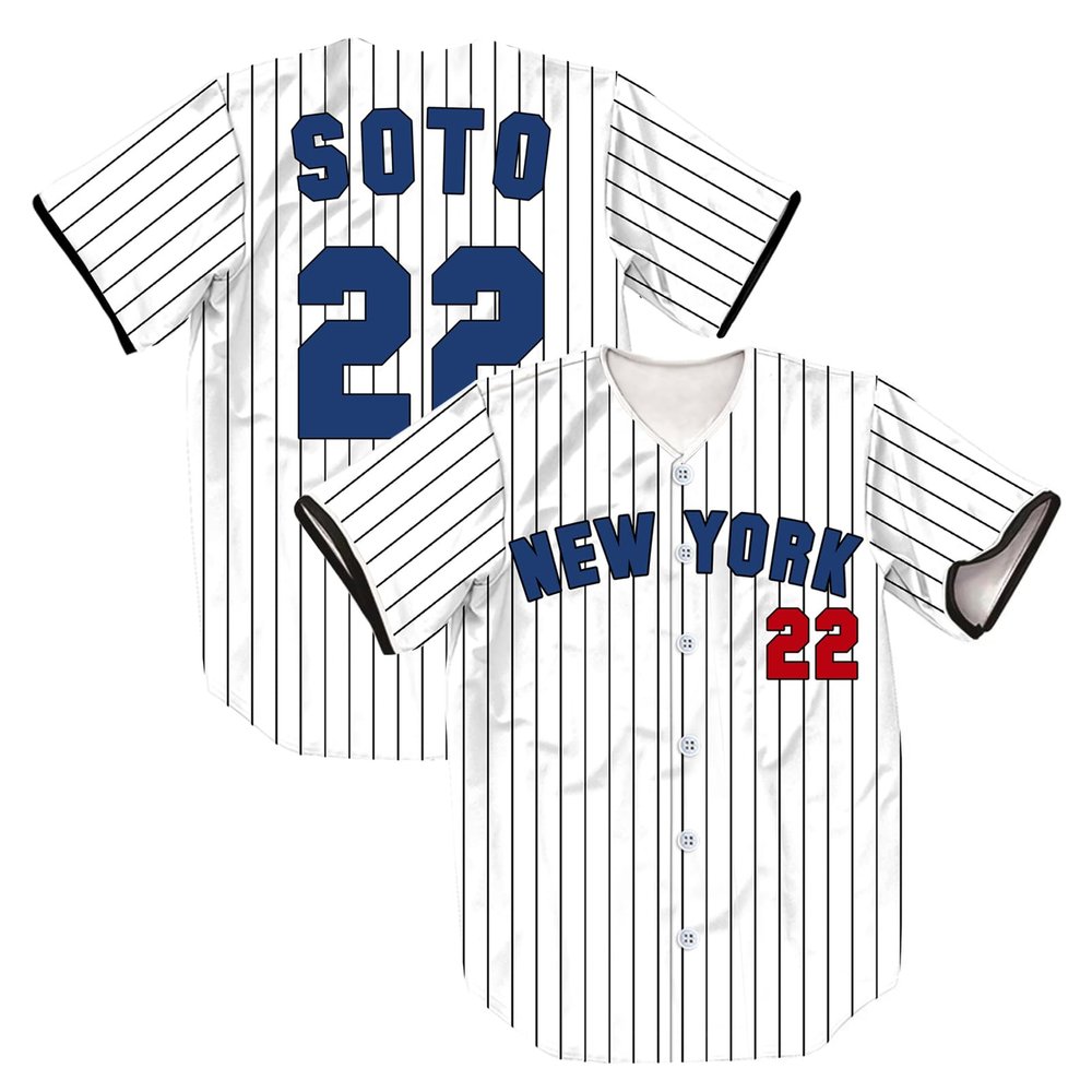 TIFIYA New York SOTO 22 Stripes Baseball Jersey NY Short Sleeve Button Shirts for Young Men Women T261-White-XXL
