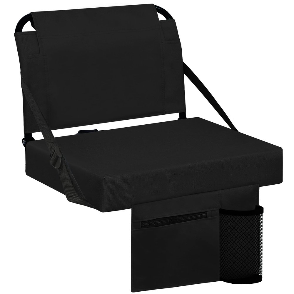 Besunbar Stadium Seats for Bleachers with Back Support Bleacher Seat Soft Cushion Light Weight Includes Shoulder Strap & Cup Holder, Front & Back Zipper Pocket, Suitable for Sports Events,Black