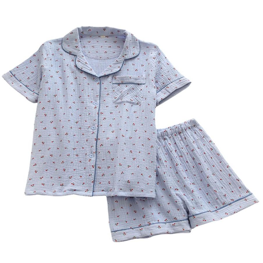 codcm Womens Cute Pajama Set Short Sleeve Button Up Shirt and Shorts 2 Piece Cotton Pj Sets(Blue,Small)