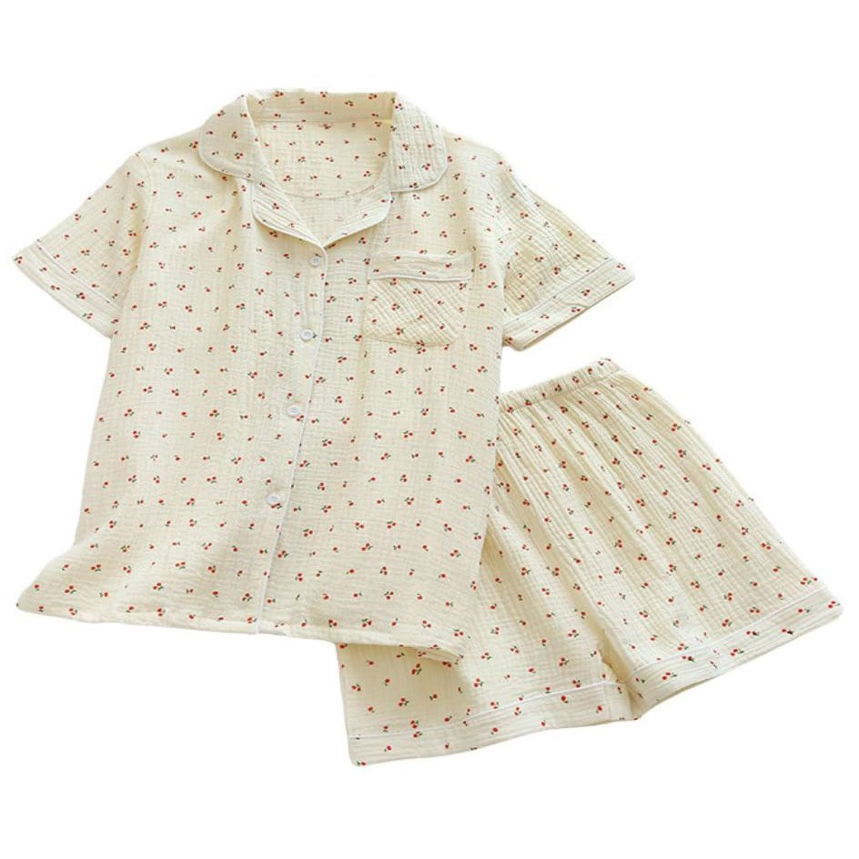 codcm Womens Cute Pajama Set Short Sleeve Button Up Shirt and Shorts 2 Piece Cotton Pj Sets(Beige02,Small)