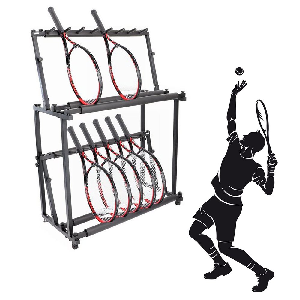 ELUKHT Commercial Floorstanding Tennis Badminton Racket Display Rack Holder, School/Training Ground/Gym/Tennis Court Racquets Organizers, 2 Tier Design