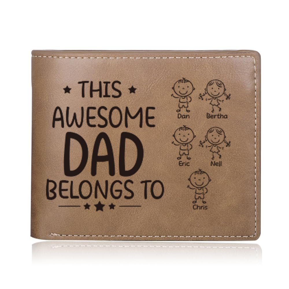 Amsgedhie Personalized Dad Birthday Gift Mens Wallets Leather Custom 1-5 Name Wallet with Photo This Awesome Dad Belongs to Dad Wallet with Kids Names (Brown 1#, 5 Name)