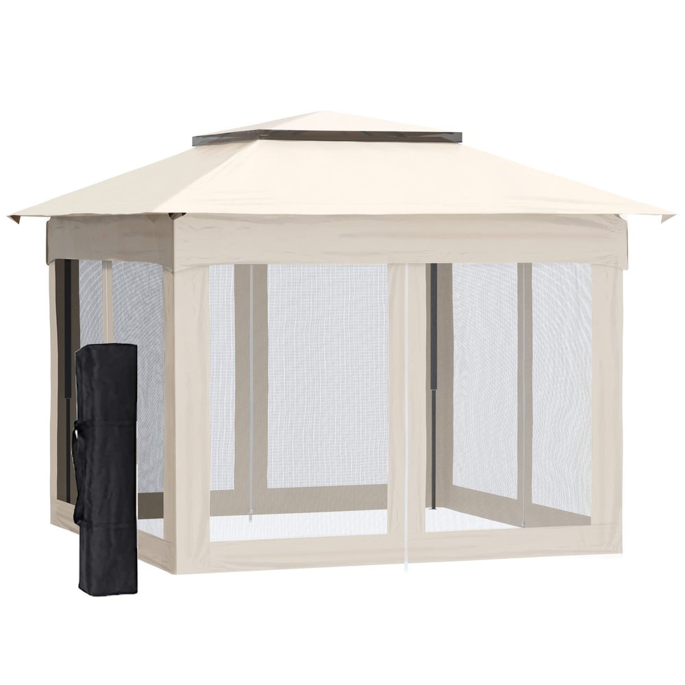 11' x 11' Pop Up Canopy, Outdoor Patio Gazebo Shelter with Removable Zipper Netting, Instant Event Tent with 121 sq.ft Shade and Carry Bag for Backyard, Garden, Base 10x10, Beige