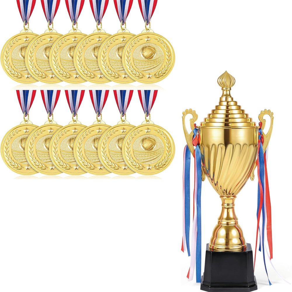 Caydo 12 Pieces Volleyball Medals with 16.3Inch Gold Award Trophy Large Winner Trophy Cup with Golden Pen for Kids and Adults for Sports, Competitions, Tournaments