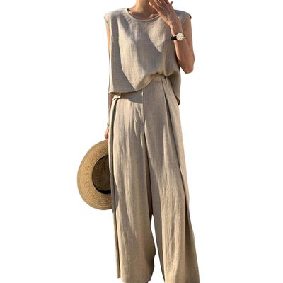 Women Summer Linen 2 Piece Outfits Solid Lounge Matching Sets Sleeveless Crop Top Wide Leg Dressy Pants Suits