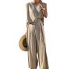 Women Summer Linen 2 Piece Outfits Solid Lounge Matching Sets Sleeveless Crop Top Wide Leg Dressy Pants Suits view 1
