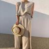Women Summer Linen 2 Piece Outfits Solid Lounge Matching Sets Sleeveless Crop Top Wide Leg Dressy Pants Suits view 2