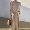 Women Summer Linen 2 Piece Outfits Solid Lounge Matching Sets Sleeveless Crop Top Wide Leg Dressy Pants Suits view 3