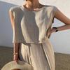 Women Summer Linen 2 Piece Outfits Solid Lounge Matching Sets Sleeveless Crop Top Wide Leg Dressy Pants Suits view 4