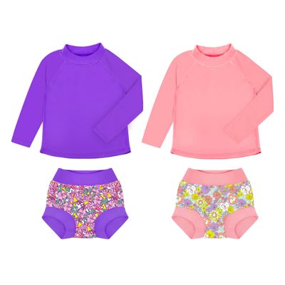 BIG ELEPHANT 2 Pcs Rash Guard Swim Diapers Sets for Unisex Baby, Boys Girls Long Sleeve Swimsuit with UPF 50+ Sun Protection Orange/Purple
