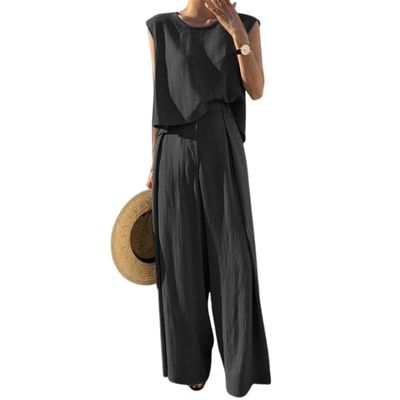 Women Summer Linen 2 Piece Outfits Solid Lounge Matching Sets Sleeveless Crop Top Wide Leg Dressy Pants Suits