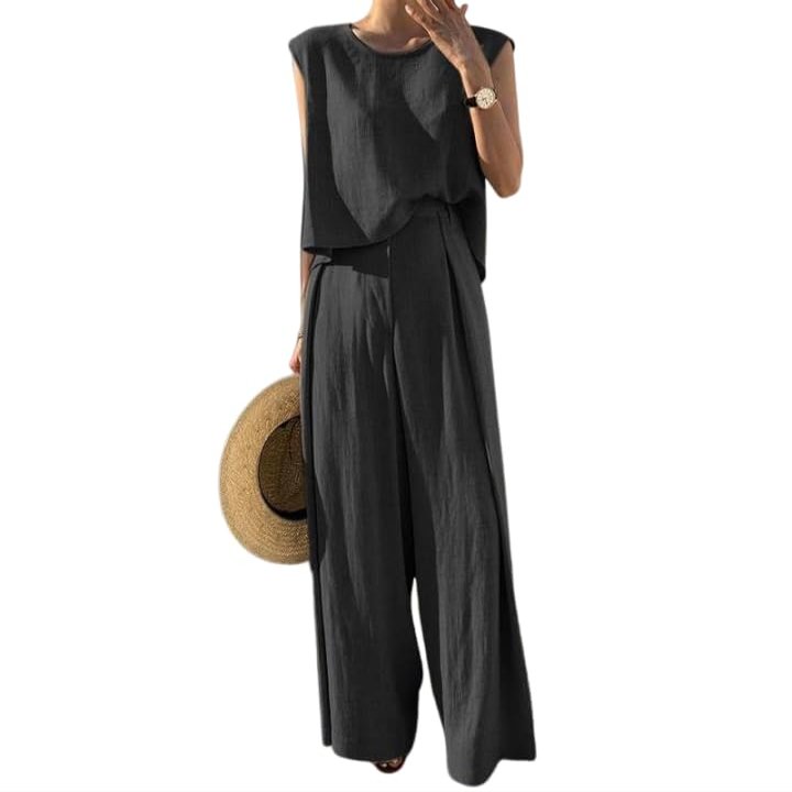 Women Summer Linen 2 Piece Outfits Solid Lounge Matching Sets Sleeveless Crop Top Wide Leg Dressy Pants Suits