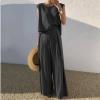 Women Summer Linen 2 Piece Outfits Solid Lounge Matching Sets Sleeveless Crop Top Wide Leg Dressy Pants Suits view 2