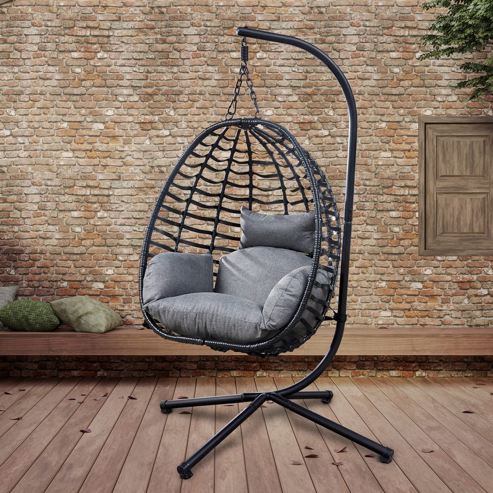 Artisan Outdoor Wicker Swing Chair with Stand for Balcony, 37" Lx35 Dx78 H (Grey)