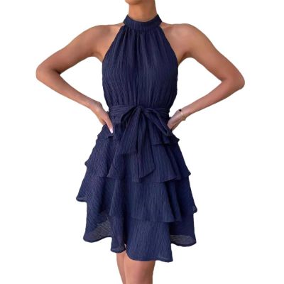 Katutude Women's Summer Dresses Flowy Layered Ruffle Skirt Halter Neck Sundress 2024 Spring Summer Casual Dresses Blue