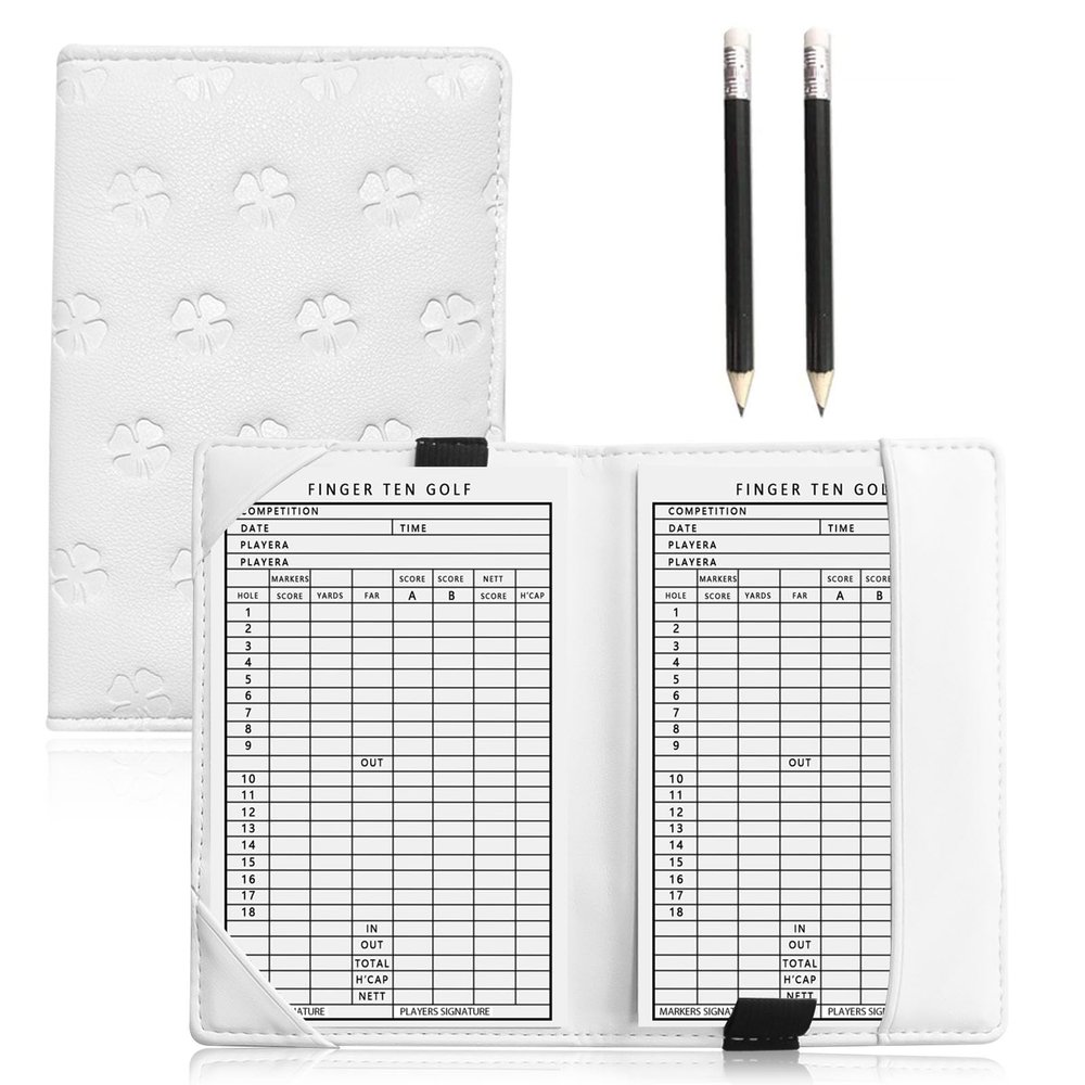 FINGER TEN Golf Scorecard Holder with 2 Free Pencils Value Pack, Premium Leather Yardage Books Cover Weatherproof, Lightweight Portable Score Tracking Accessories for Men Women (White)