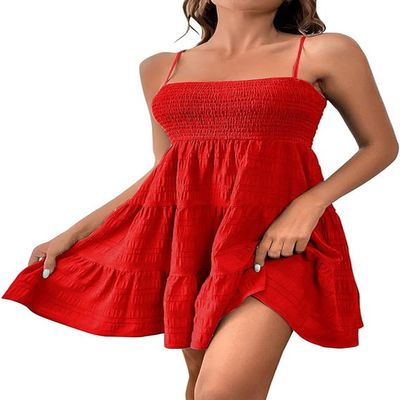 Women Summer Dresses Square Neck Spaghetti Strap Dress Casual Sleeveless Smocked Sundress A Line Tiered Beach Dress (B,S)
