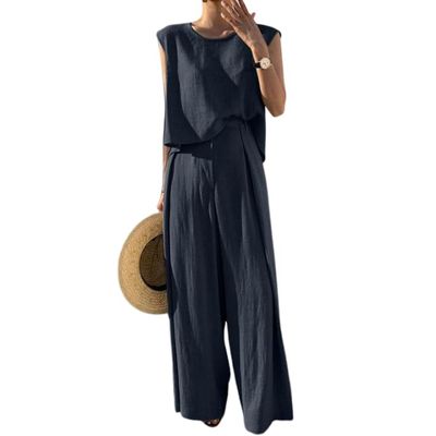 Women Summer Linen 2 Piece Outfits Solid Lounge Matching Sets Sleeveless Crop Top Wide Leg Dressy Pants Suits