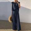 Women Summer Linen 2 Piece Outfits Solid Lounge Matching Sets Sleeveless Crop Top Wide Leg Dressy Pants Suits view 2