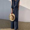 Women Summer Linen 2 Piece Outfits Solid Lounge Matching Sets Sleeveless Crop Top Wide Leg Dressy Pants Suits view 3