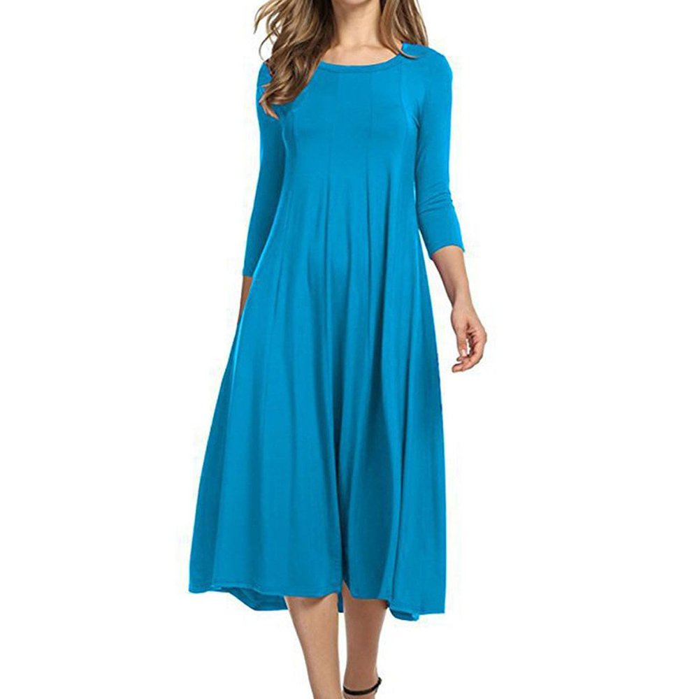 Generic Womens Long Sleeve A-Line Dress Casual Crew Neck Mini Tank Dress Loose Fit Long Flowy Swing Beach Party Sundress (Medium,Blue)