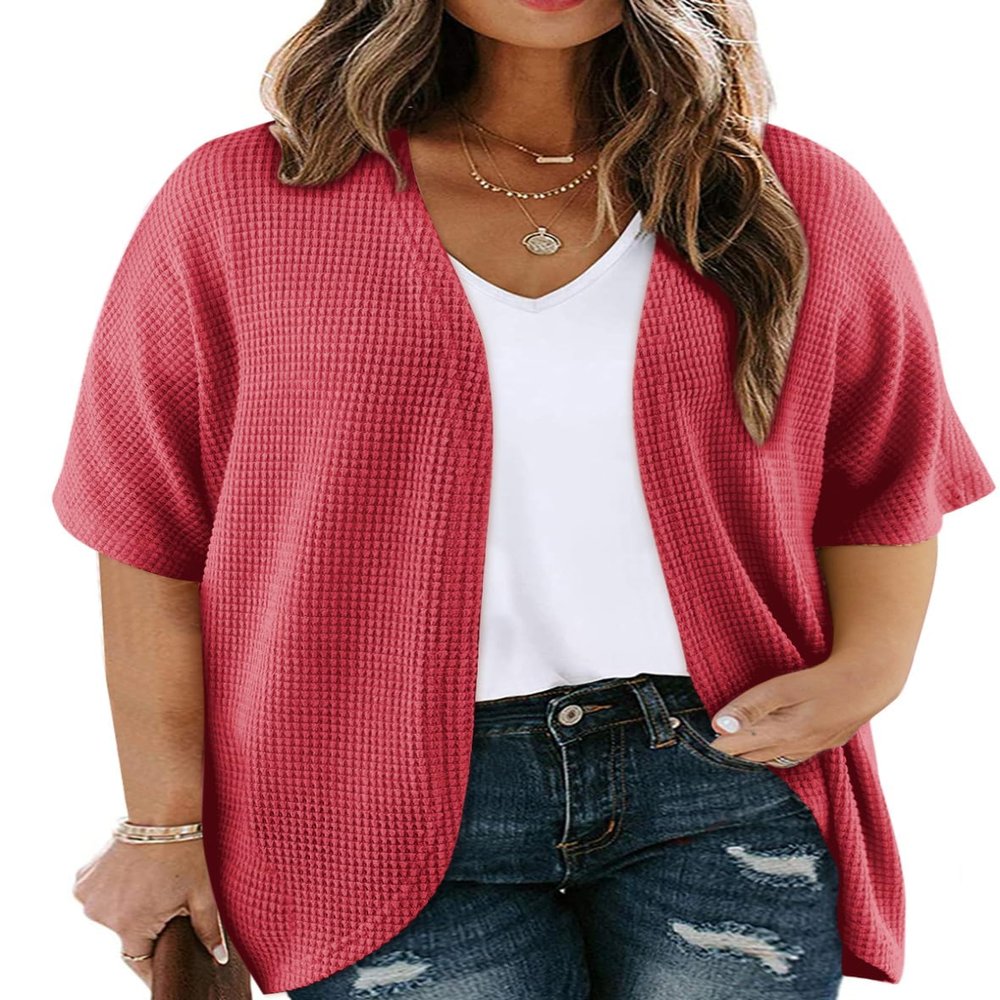 Eytino Plus Size Cardigan for Women Short Sleeve Open Front Tops Waffle Knit Kimono Casual Solid Blouses Fashion Coverups Red 4X