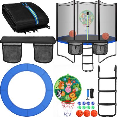 Gemscream Trampoline Accessories Kit, Trampoline Replacement Pad 14ft 6 Poles Safety Net 3 Step Ladder and Storage Bag 2 in 1 Basketball Hoop Dartboards (No Poles)