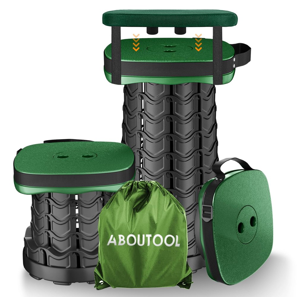 Folding Camping Stool, Square Collapsible Portable Stool with Elastic Seat Cushion& Adjustable Nylon Bag, Sturdy Lightweight Telescoping Foldable,Max Load 485lb (Green)