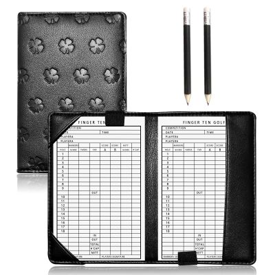 FINGER TEN Golf Scorecard Holder with 2 Free Pencils Value Pack, Premium Leather Yardage Books Cover Weatherproof, Lightweight Portable Score Tracking Accessories for Men Women (Black)