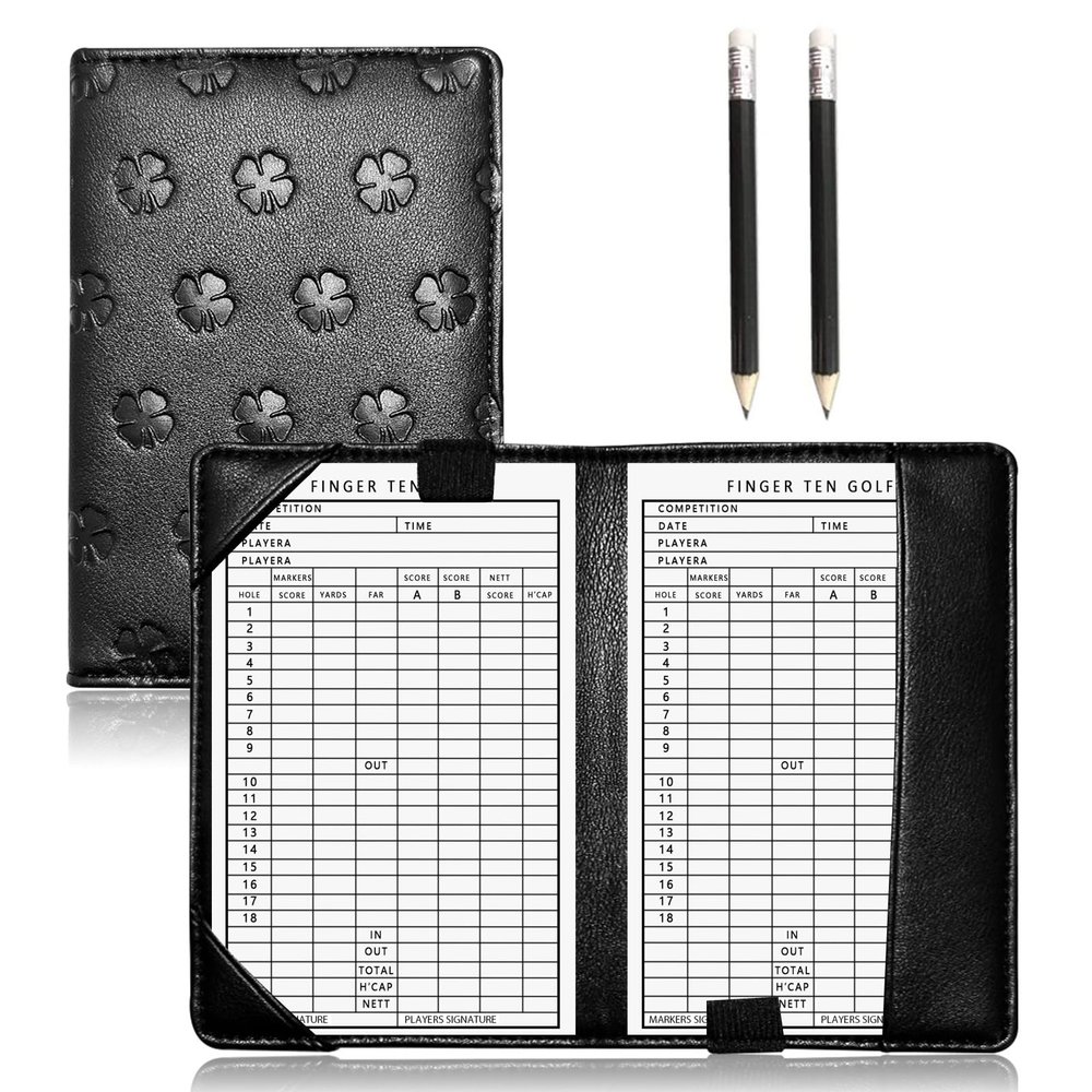 FINGER TEN Golf Scorecard Holder with 2 Free Pencils Value Pack, Premium Leather Yardage Books Cover Weatherproof, Lightweight Portable Score Tracking Accessories for Men Women (Black)