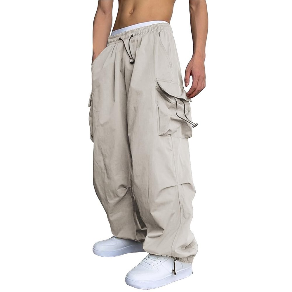 WZIKAI Men's Baggy Cargo Pants Casual Parachute Cargo Pants Loose Fit Hip Hop Harem Pants with Pockets Beige XL