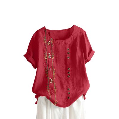 Cute Summer Tops for Women Cotton Linen Casual Short Sleeve Shirt Blouse Oversized Embroidered Floral Shirt