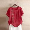 Cute Summer Tops for Women Cotton Linen Casual Short Sleeve Shirt Blouse Oversized Embroidered Floral Shirt view 2
