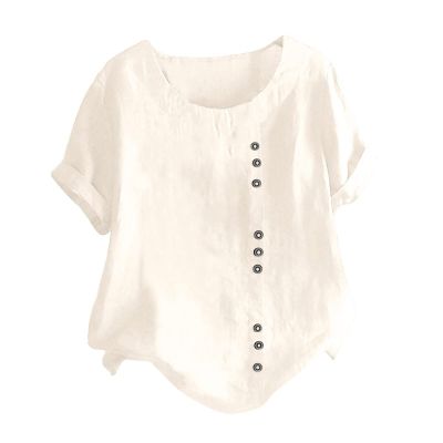 Womens Summer Tops Linen Cotton Casual Loose Shirt Short Sleeve Button Down Blouse Oversized Embroidered Floral Shirt